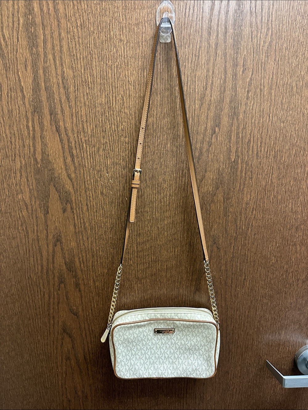 Michael Kors Cream Crossbody with Tan Trim and Gold Chain